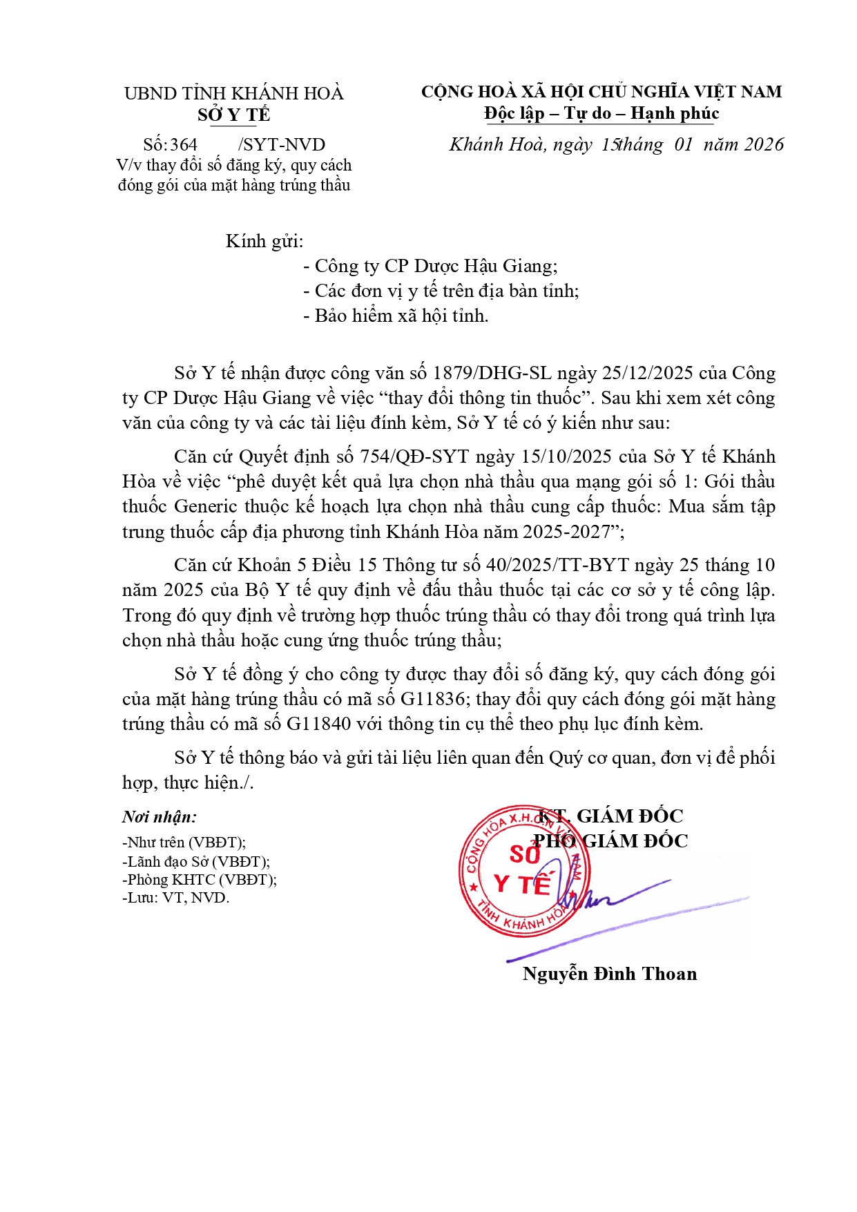 V/v thay đổi số đăng ký, quy cách đóng gói của mặt hàng trúng thầu